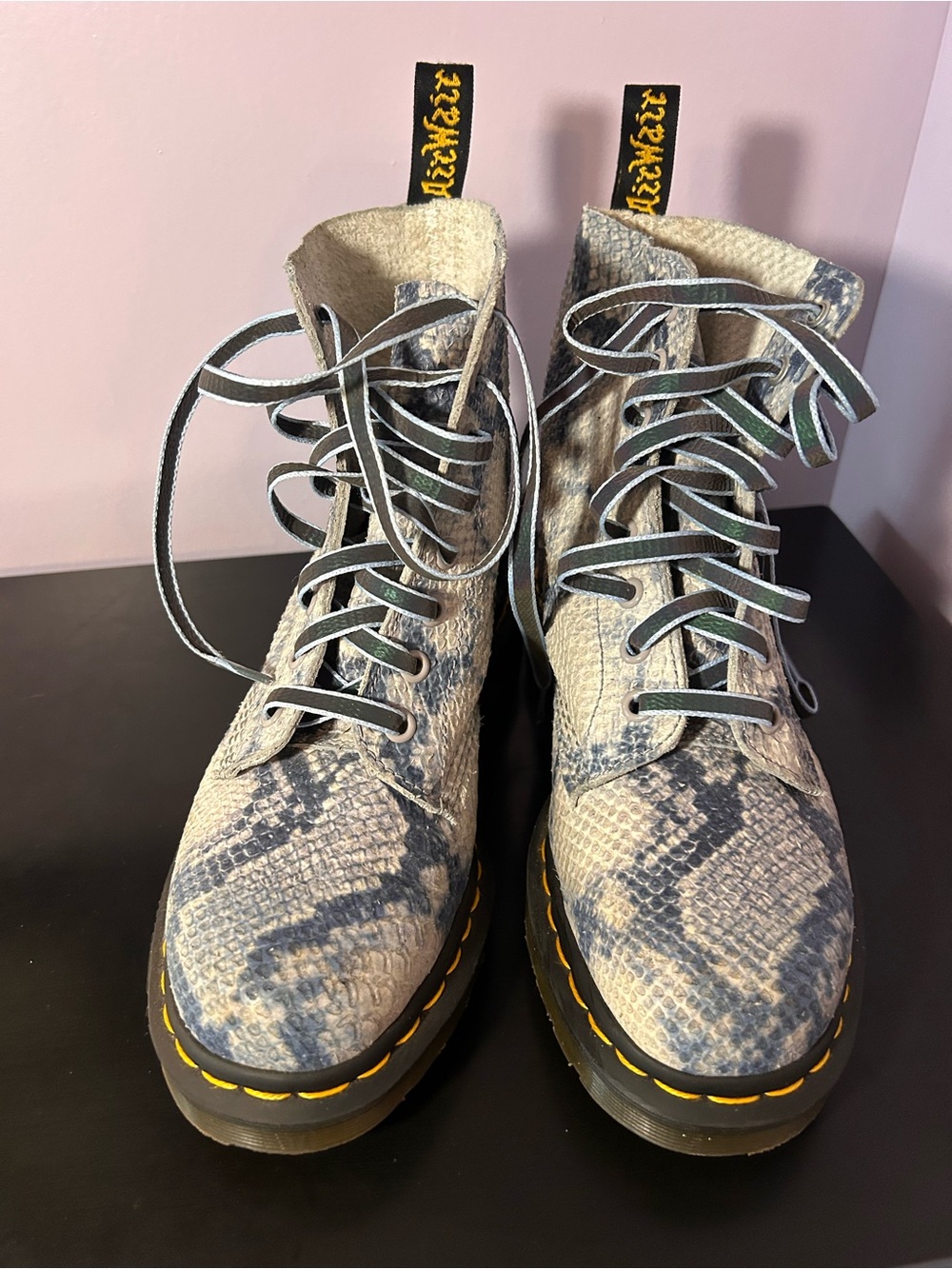 Dr. Martens Gray Python Snakeskin Lace-Up Boots, Size 8